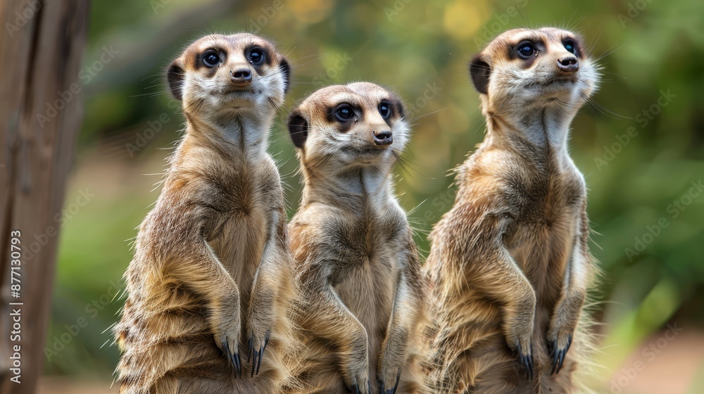 Three meerkats aligned, on dirt ground, trees behind them Three meerkats aligned, on dirt ground, trees behind them
