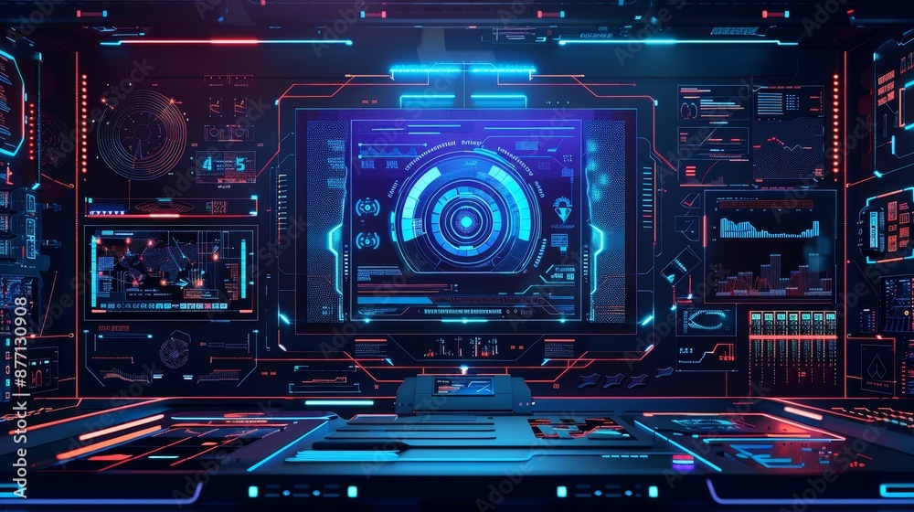 Obraz premium Futuristic computer interface with digital holographics in a dark room, showcasing advanced technology and intricate system designs.