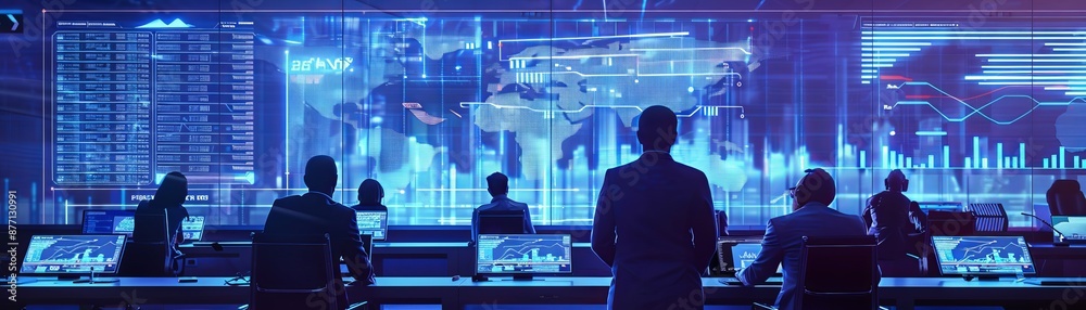 Futuristic control room with diverse professionals monitoring world data on large digital screens, showcasing technology and teamwork. Futuristic control room with diverse professionals monitoring world data on large digital screens, showcasing technology and teamwork.