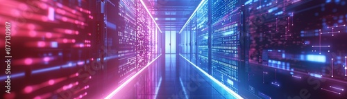 Futuristic corridor with neon lights and digital interface. Sci-fi, technology, and cyber concept.