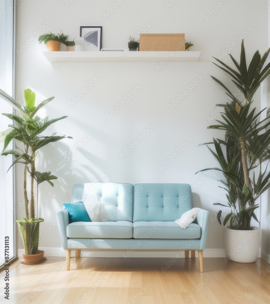 Obraz premium The image shows a modern, minimalist living room with a white sofa placed against a plain white wall