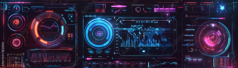 Futuristic digital interface with neon lights, featuring intricate data visualizations and advanced technology in a cyberpunk style. Futuristic digital interface with neon lights, featuring intricate data visualizations and advanced technology in a cyberpunk style.
