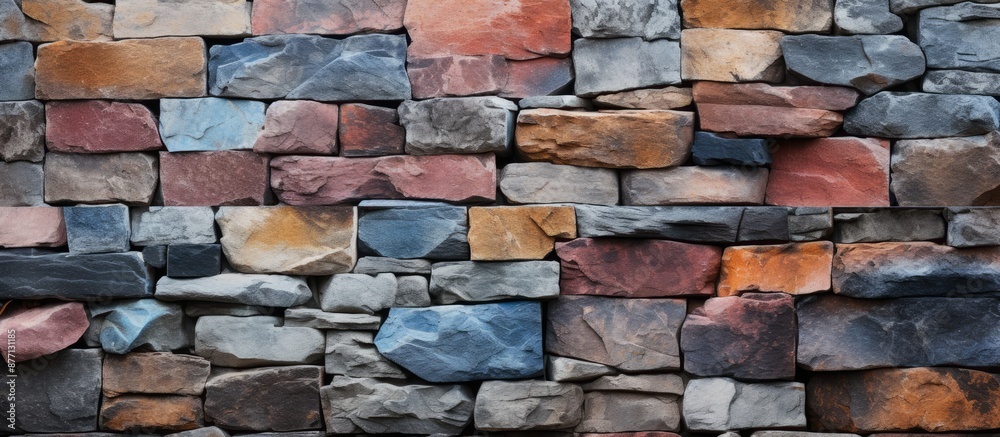 Fototapeta premium Stone wall texture with vibrant colors, ideal as a background for a copy space image.