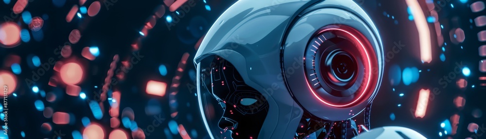 Futuristic robot with illuminated eye in digital environment, surrounded by glowing particles and holographic elements. Futuristic robot with illuminated eye in digital environment, surrounded by glowing particles and holographic elements.