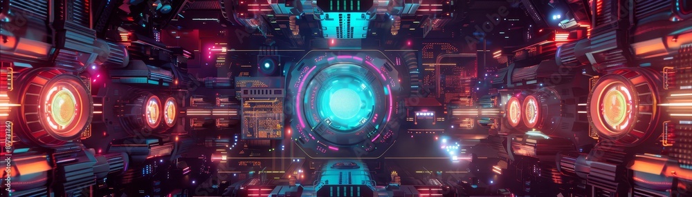 Futuristic sci-fi hallway with vibrant neon lights and advanced technology, creating a captivating cyberpunk atmosphere. Futuristic sci-fi hallway with vibrant neon lights and advanced technology, creating a captivating cyberpunk atmosphere.