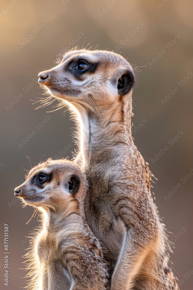 Fototapeta premium Two meerkats atop a dirt mound, side by side