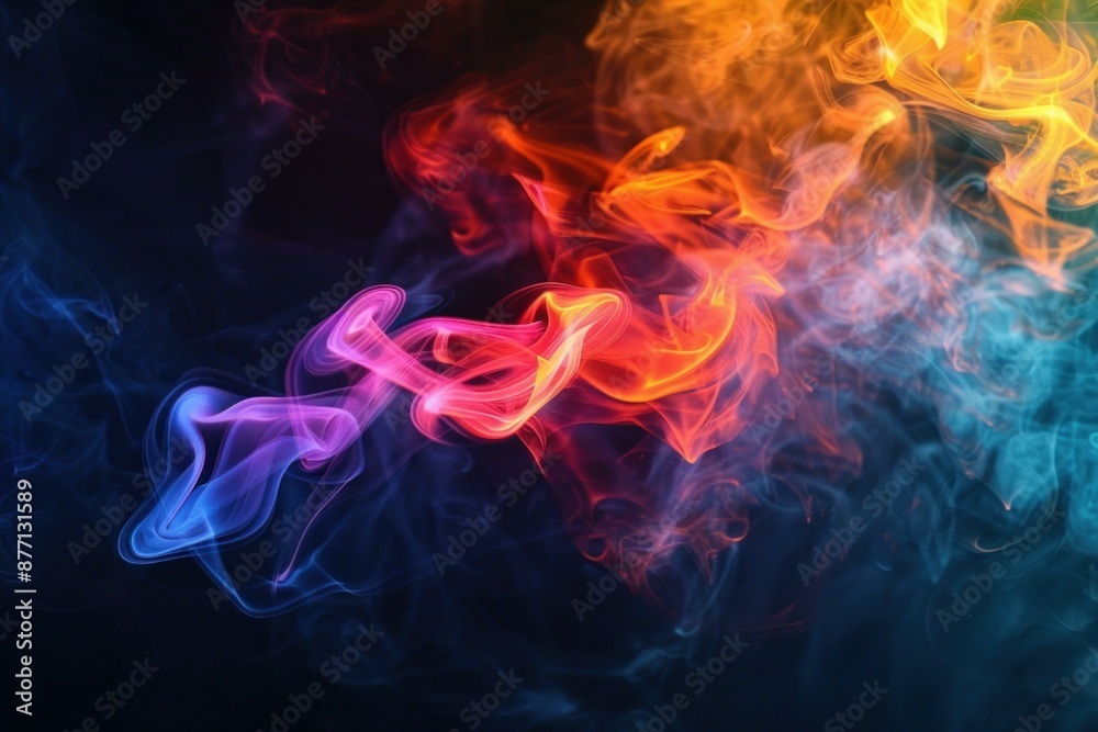 Fototapeta premium Colorful smoke swirls blending on dark backdrop, creating an ethereal abstract design