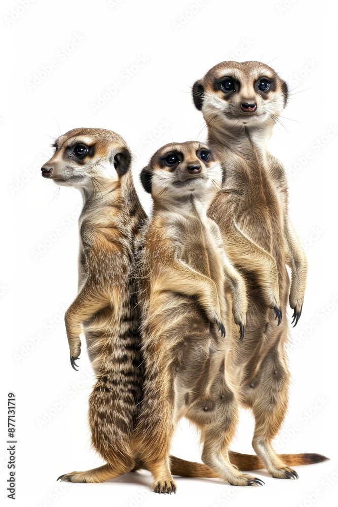 Three meerkats aligned, facing white background Three meerkats aligned, facing white background
