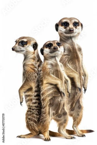  Three meerkats aligned, facing white background © Viktor