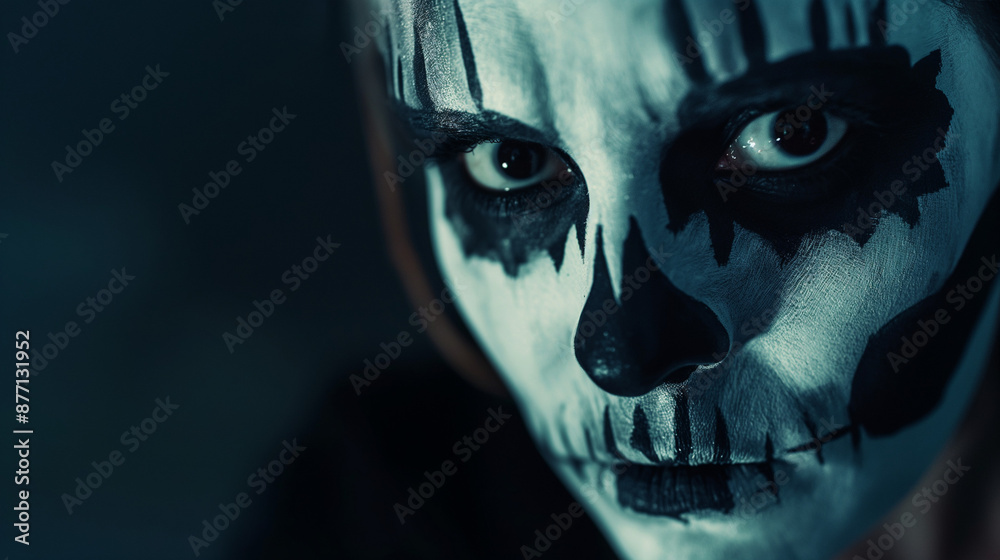 Halloween makeup, close-up of a person with dramatic skull face paint, dark background, eerie and spooky atmosphere, intricate details and shadows visible