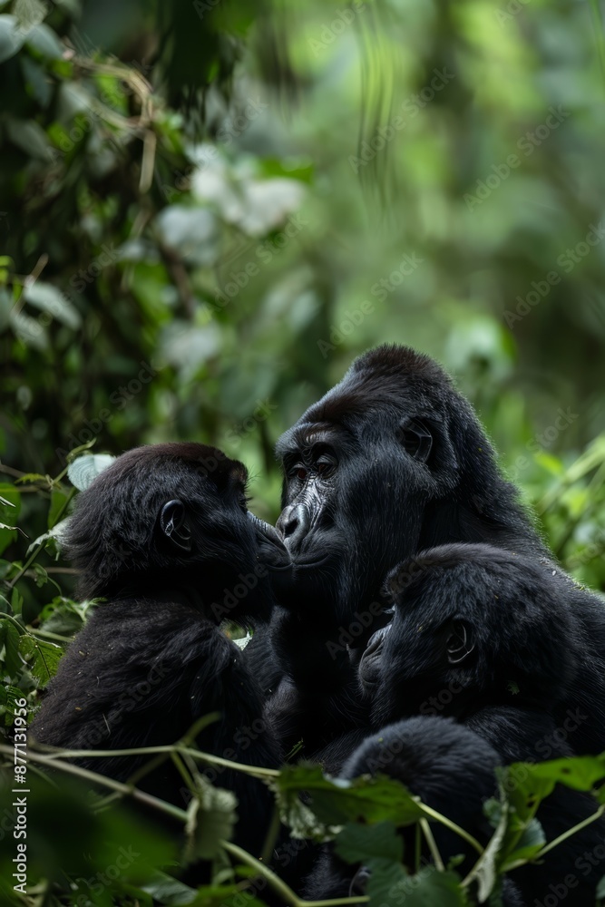 A group of gorillas seated amidst a forest, surrounded by trees and adorned with foliage beneath their feet A group of gorillas seated amidst a forest, surrounded by trees and adorned with foliage beneath their feet