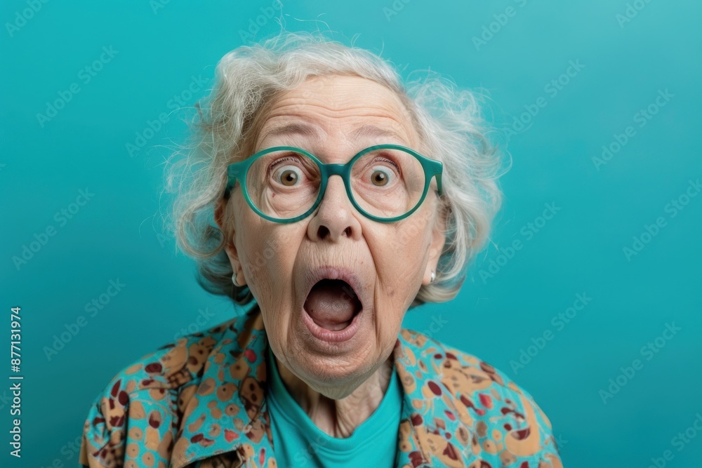 Portrait of amazed old woman with an open mouth and round big eyes wearing eyeglasses Isolated Portrait of amazed old woman with an open mouth and round big eyes wearing eyeglasses Isolated