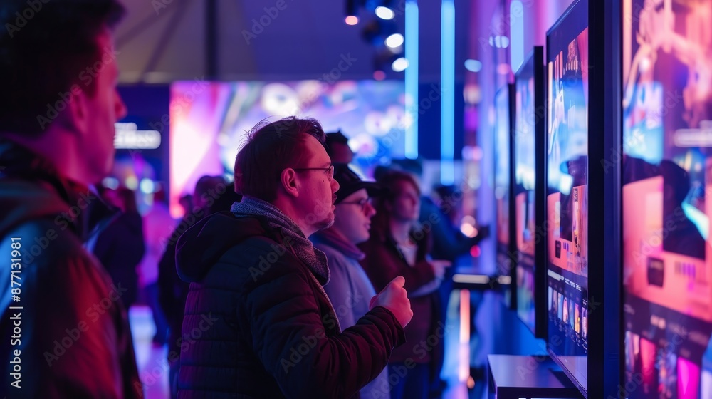 People engaged with interactive digital displays in a vibrant, colorful tech expo environment. People engaged with interactive digital displays in a vibrant, colorful tech expo environment.