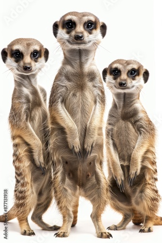  Three meerkats positioned together, gazing at the camera against a pristine white backdrop © Viktor