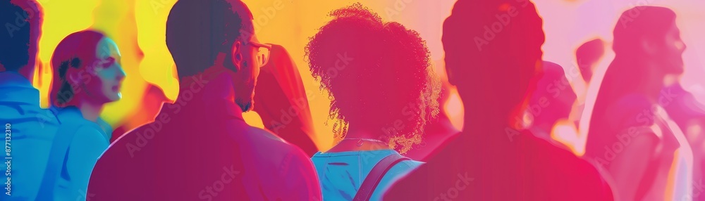 Silhouettes of diverse people mingling at a vibrant event, bathed in colorful lights, creating a dynamic and lively atmosphere. Silhouettes of diverse people mingling at a vibrant event, bathed in colorful lights, creating a dynamic and lively atmosphere.