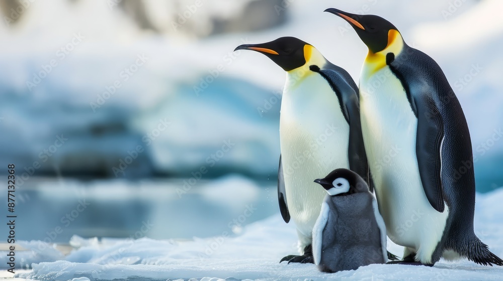 Fototapeta premium A gathering of penguins on a snowy ground, adjacent icebergs in the backdrop