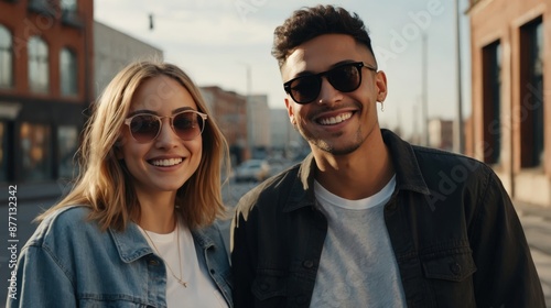 Smiling couple with sunglasses in urban setting © Tanja