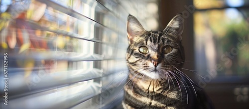 Tabby cat sitting by window blinds indoors, with a blank area for text in the image photo