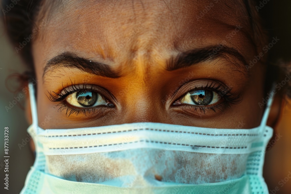 Sad eyes of black nurse with surgical face mask Sad eyes of black nurse with surgical face mask