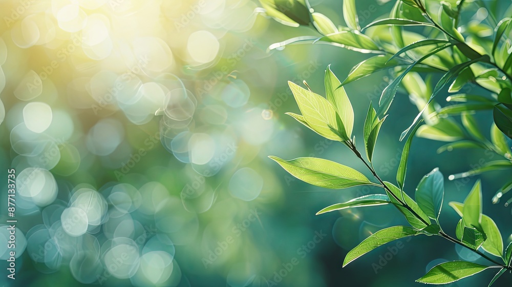 Willow branch with green small leaves over sunlight Nature scene abstract and blurred. Creative banner. Copyspace image 