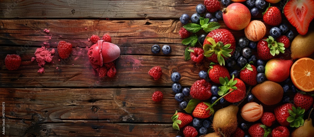 An assortment of fruits and ice cream placed on a rustic wooden surface, with space available for additional images. An assortment of fruits and ice cream placed on a rustic wooden surface, with space available for additional images.