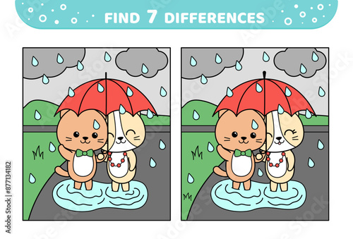 Find 7 differences. Couple of cats under umbrella in rainy weather. Game for kids. Cartoon, vector