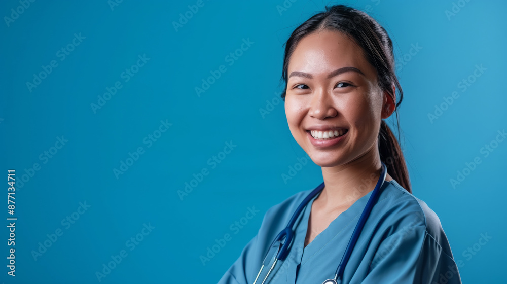 Smiling nurse in blue scrubs with stethoscope against a blue background. Professional portrait for healthcare and medical design. Studio photography Smiling nurse in blue scrubs with stethoscope against a blue background. Professional portrait for healthcare and medical design. Studio photography
