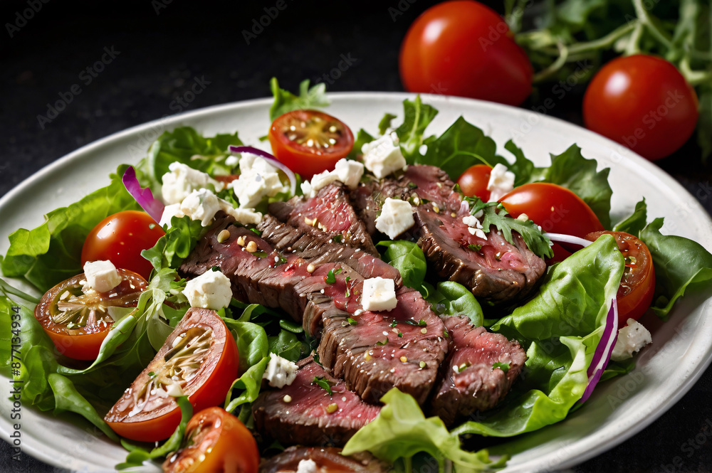 a plate of steak salad with lettuce and tomatoes, AI generated, chief, dining, medium, vegetable, steak a plate of steak salad with lettuce and tomatoes, AI generated, chief, dining, medium, vegetable, steak
