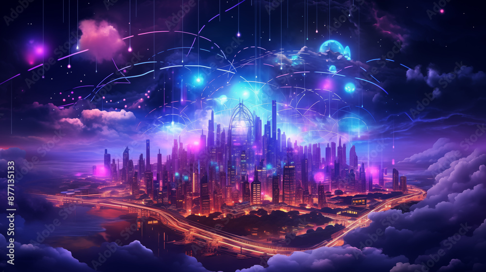 Futuristic Neon City Skyline with Glowing Cloud Networks and Starry Night Futuristic Neon City Skyline with Glowing Cloud Networks and Starry Night