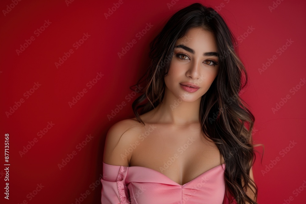 A stunning young woman in an off-shoulder pink dress, posing gracefully against a bold red background, exuding confidence and charm A stunning young woman in an off-shoulder pink dress, posing gracefully against a bold red background, exuding confidence and charm