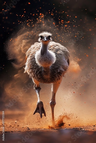  An ostrich stands in the sand, its hind legs firmly planted, as dust billows from beneath