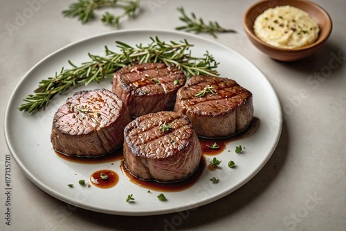 an overhead view of a plate with seared beef tenderloin medallions, served with a sprig of thyme