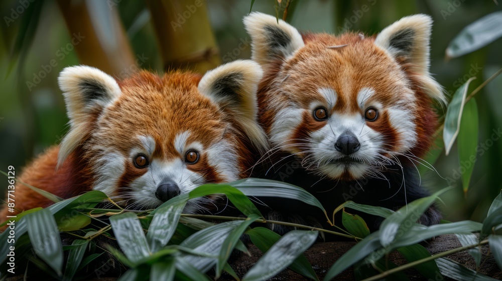 Two adorable red pandas peeking through green foliage