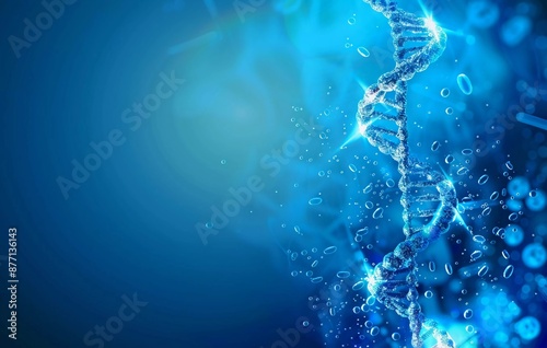 blue background with DNA and cells in glass ball style, stock photo, close-up