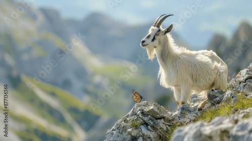  A mountain goat atop a rocky hill Nearby, a small bird perches on the mountain's edge