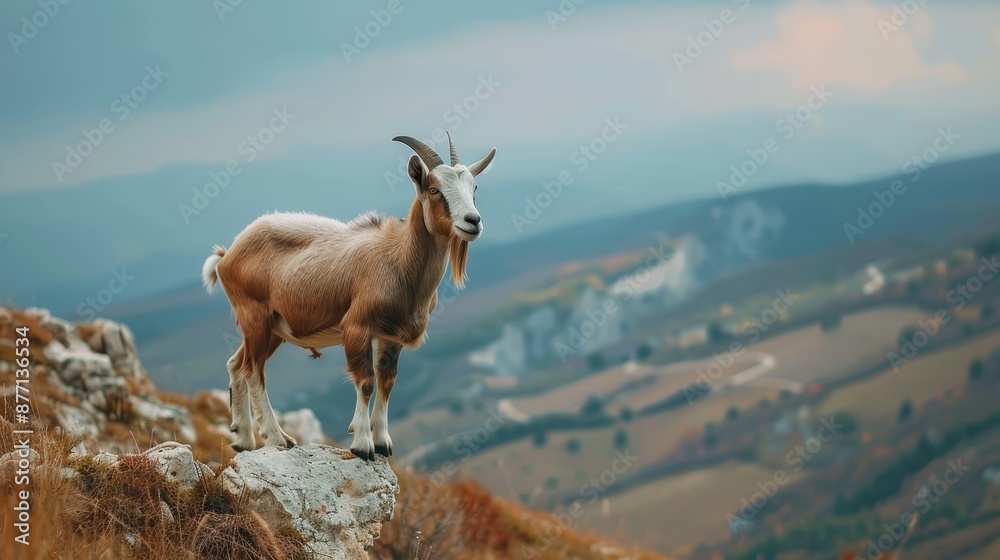 A goat atop a hill gazes over a valley and a town in the distance A goat atop a hill gazes over a valley and a town in the distance