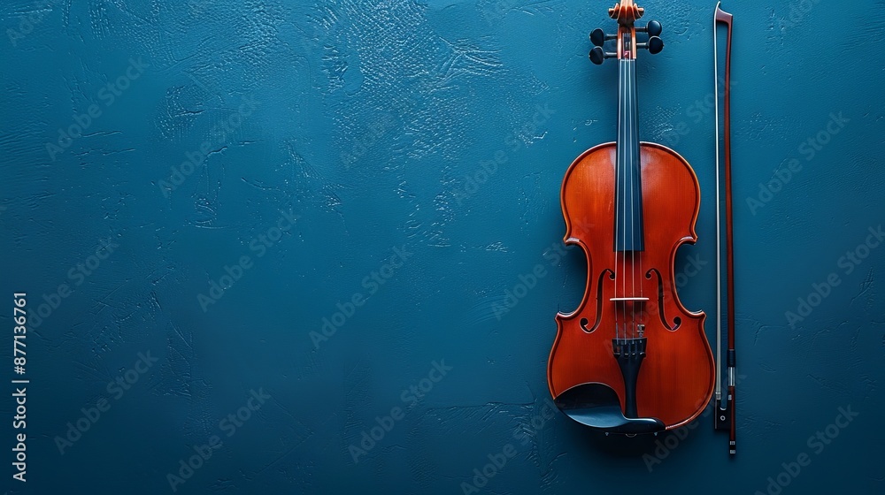 Fototapeta premium Violin and bow resting against a blue textured background