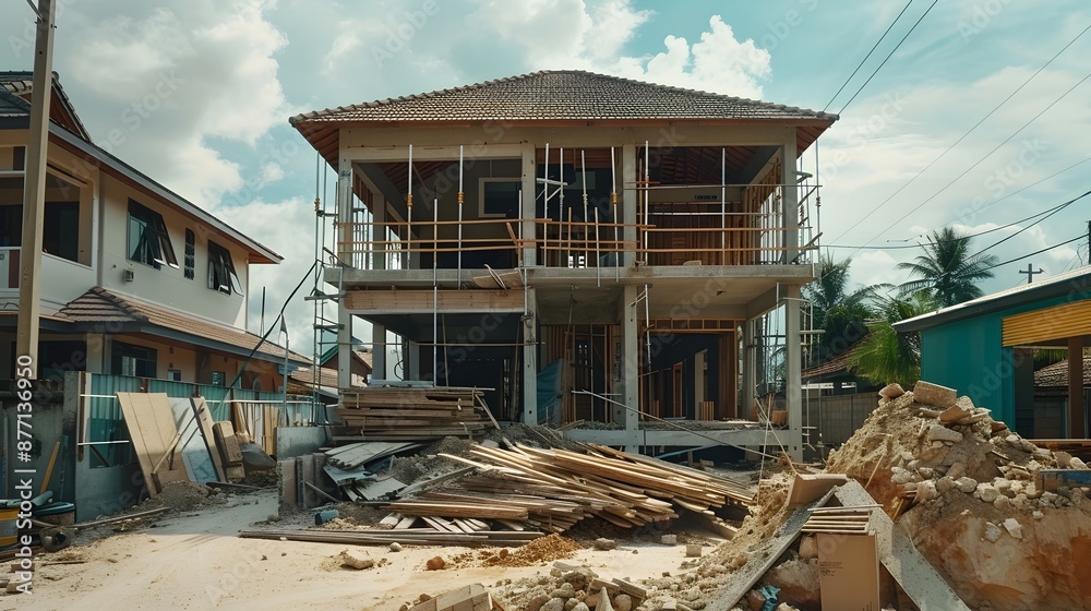 Ongoing House Construction Site with Building Materials and Equipment Ongoing House Construction Site with Building Materials and Equipment