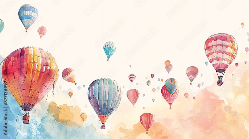 Obraz premium Albuquerque International Balloon Fiesta with Hot Air Balloon Flying in the Sky at a Festival Colorful Watercolor Illustration.