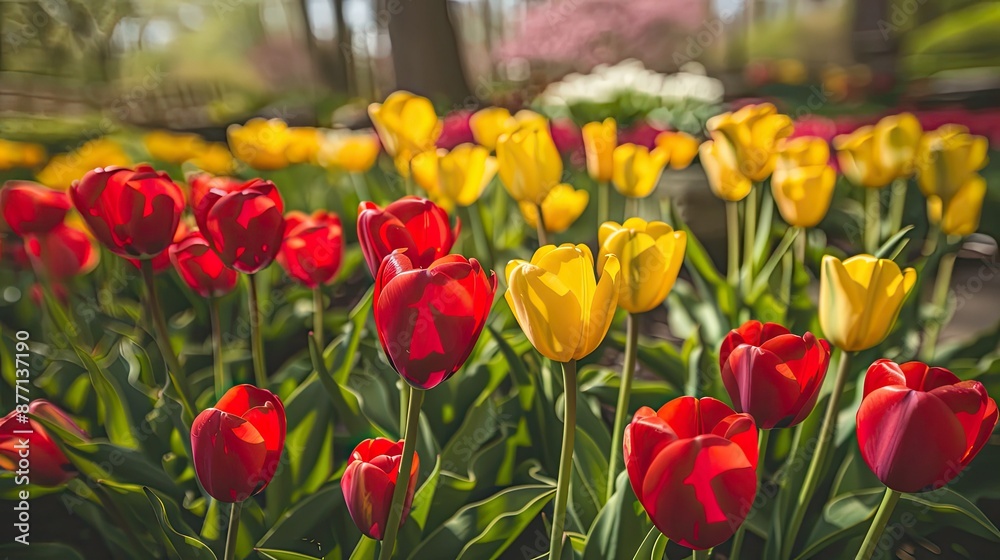 Fototapeta premium Red and yellow tulips in a garden, Canada