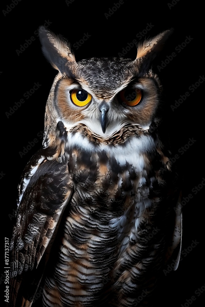A tight shot of an owl against a black backdrop, with a yellow-eyed one dominating the frame A tight shot of an owl against a black backdrop, with a yellow-eyed one dominating the frame