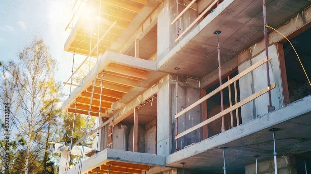 Fototapeta premium House Under Construction with Balcony Installation,Exterior Features during Home Building Process