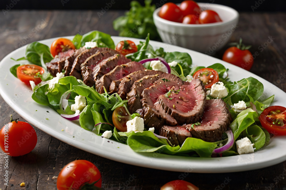 a plate of steak salad with lettuce and tomatoes, AI generated, chief, dining, medium, vegetable, steak a plate of steak salad with lettuce and tomatoes, AI generated, chief, dining, medium, vegetable, steak