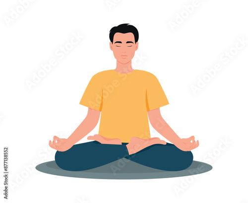 Young man sitting in lotus pose. Meditating male with closed eyes isolated on white background. Vector illustration