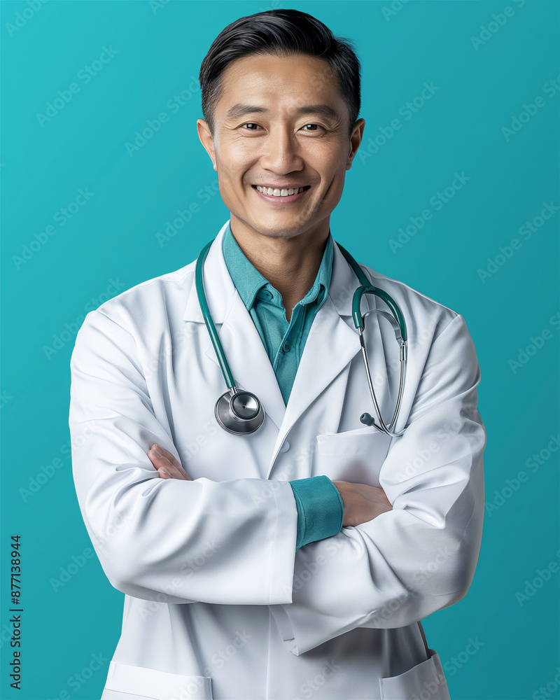 Smiling Male Doctor in White Coat with Stethoscope on Turquoise Background Smiling Male Doctor in White Coat with Stethoscope on Turquoise Background