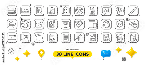 Cyber attack, File and Web tutorials line icons pack. 3d design elements. Approved checklist, Analytical chat, Microscope web icon. Brush, Rule, Mobile devices pictogram. Vector
