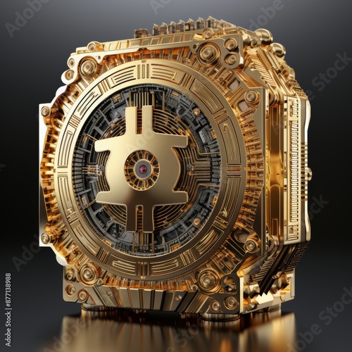 Elaborate golden bitcoin symbol on dark background with detailed intricate designs