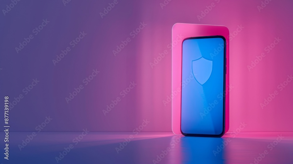 Cyber Security Concept: Phone with Shield Icon in Neon Light Cyber Security Concept: Phone with Shield Icon in Neon Light