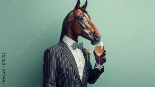 A dapper horse in a pinstripe suit and bow tie, holding a glass of rose wine, against a mint green studio backdrop 