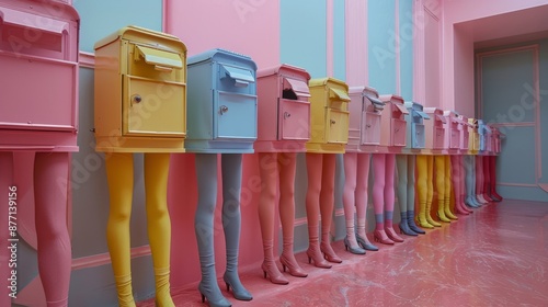 Creative, surreal scene of pastel-colored mailboxes with human-like legs delivering letters in a vibrant room. Unique and whimsical concept.